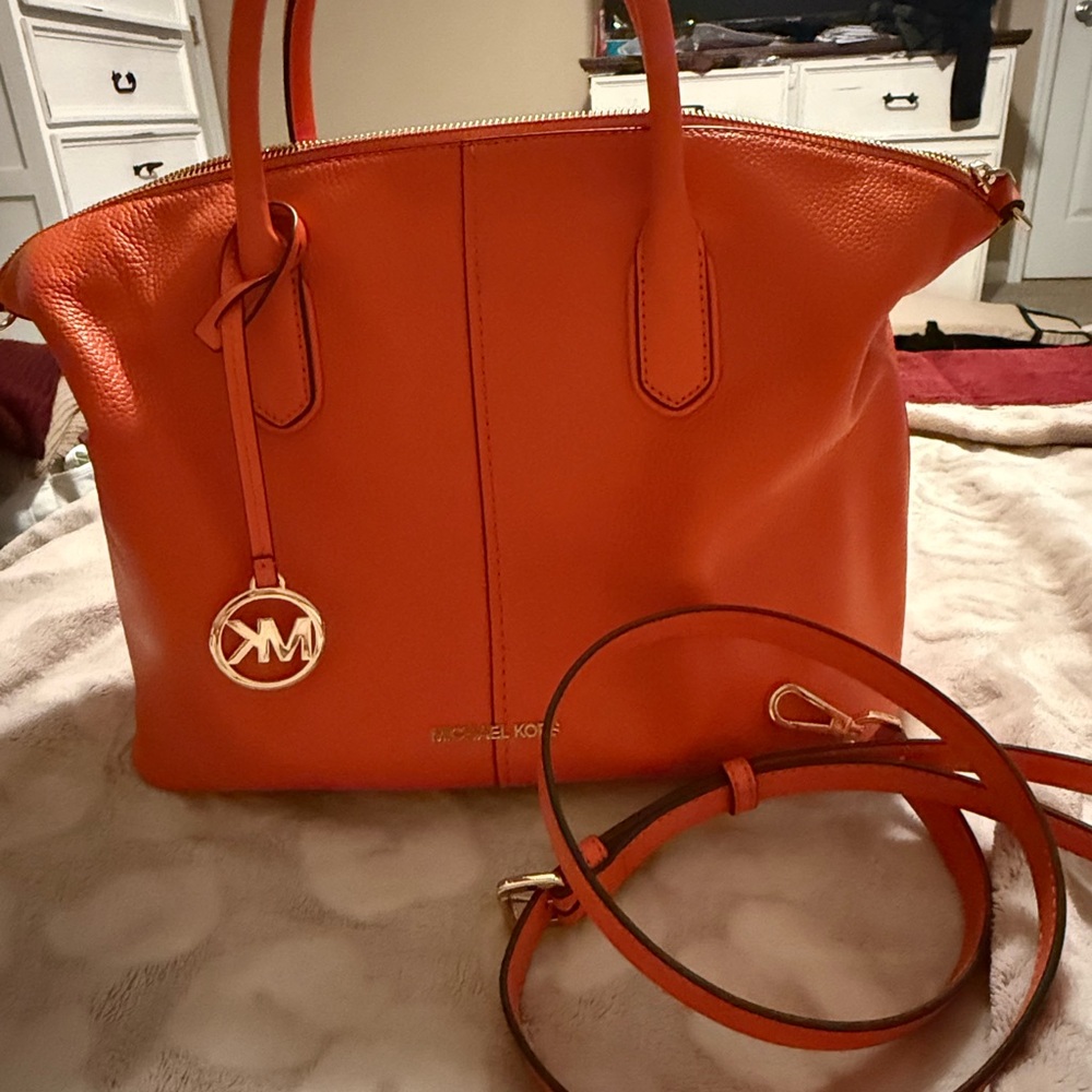 Michael Kors Orange Pebbled Leather Tote with Gold Logo Charm